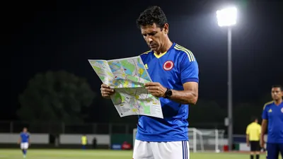 A 30-year-old Colombian football coach, wearing a blue jersey and white shorts, stands in the middle of a field, looking...