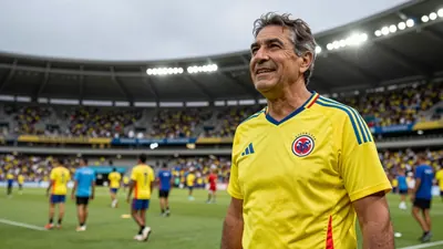 A 35-year-old Colombian coach, wearing the Colombia national team's home kit in bright yellow and sky blue, with the...