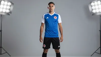 A 28-year-old Colombian defender, with a strong build and a serious expression, wearing a blue jersey with white sleeves...